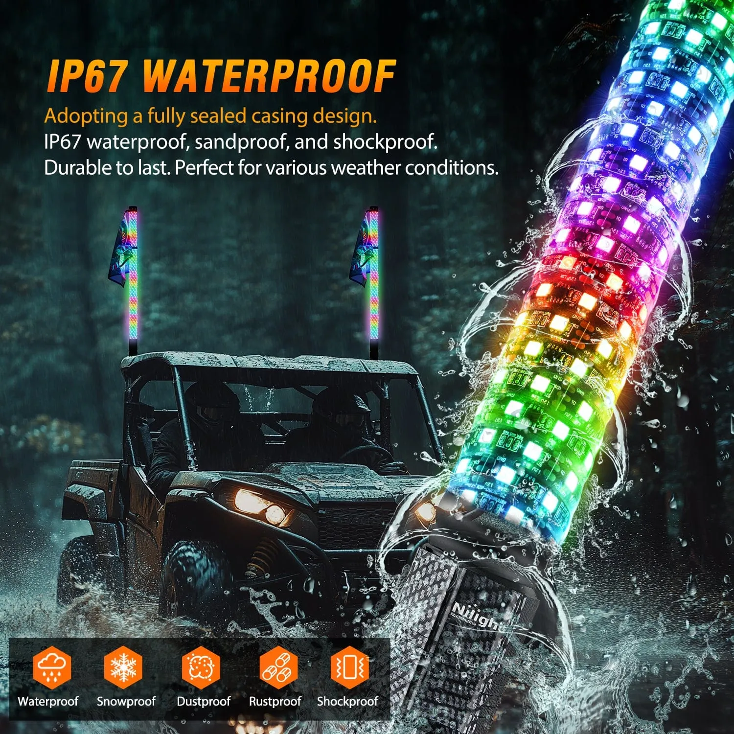 2Pcs 3FT Spiral Antenna Bluetooth Remote App Control Led Fat Whip Light