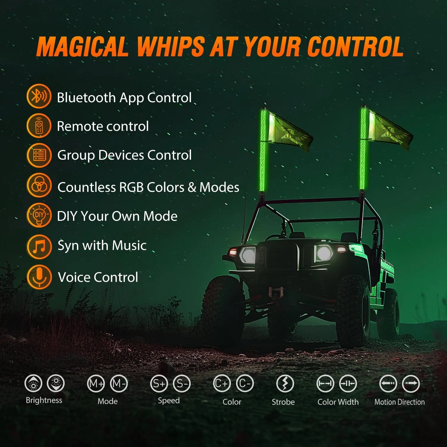 2Pcs 3FT Spiral Antenna Bluetooth Remote App Control Led Fat Whip Light