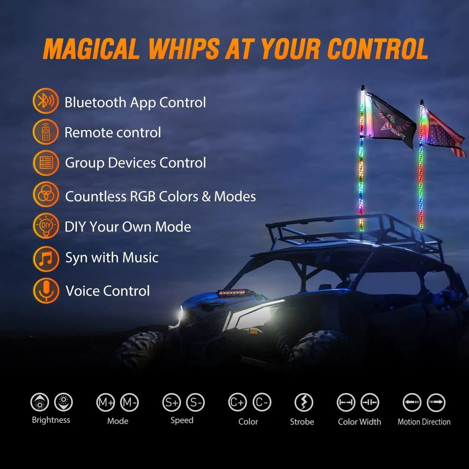 2Pcs 3FT Spiral Antenna Bluetooth Remote App Control Led Whip Light | 10FT Wire 5Pin Switch