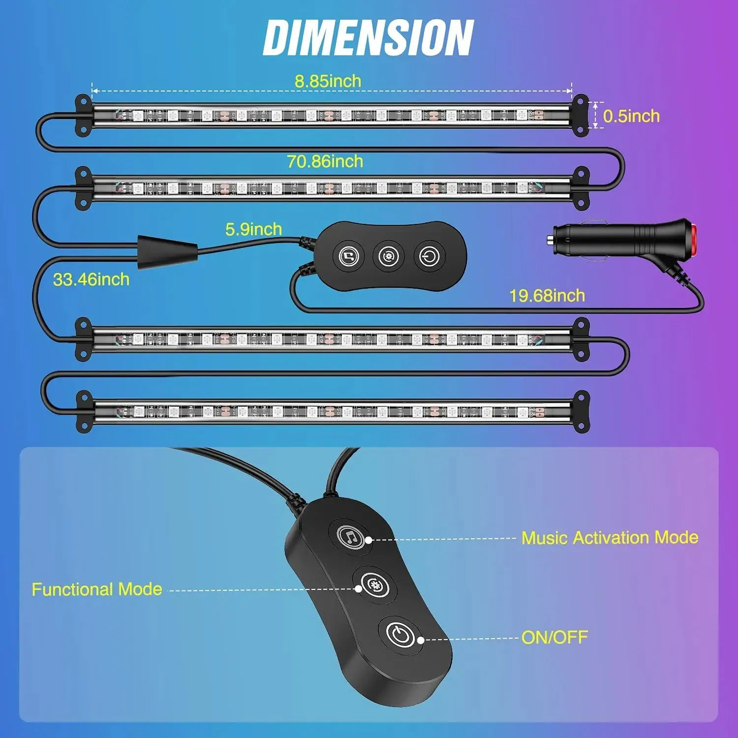 48Leds RGB Interior Light Strip APP Remote Dual Control 4PCS