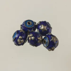 Enameled coppe drum bead, blue with raised silver dots and stars. 9x10mm. Pkg 2. b18-548